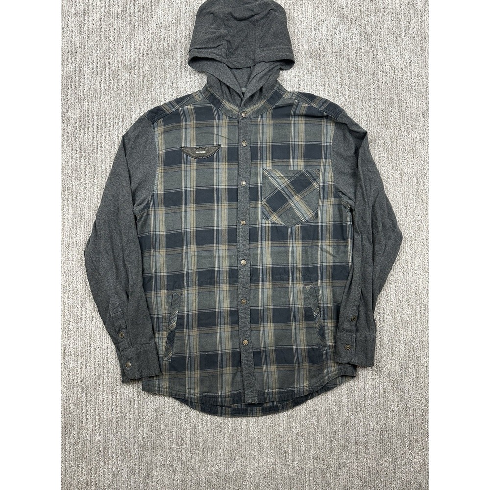 Harley Davidson Mens Medium Long Sleeve Shirt Flannel Snap Button Hoodie Pockets